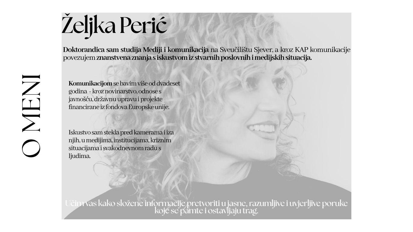 Black-and-white portrait of a smiling woman with Croatian text and “Željka Perić” headline.